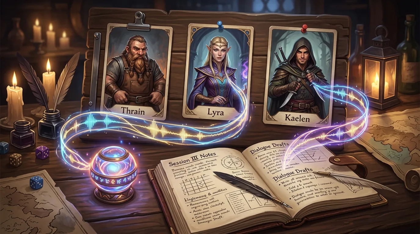 Campaign prep board linking NPC portrait cards, notes, and a magical voice cue workflow for recurring characters