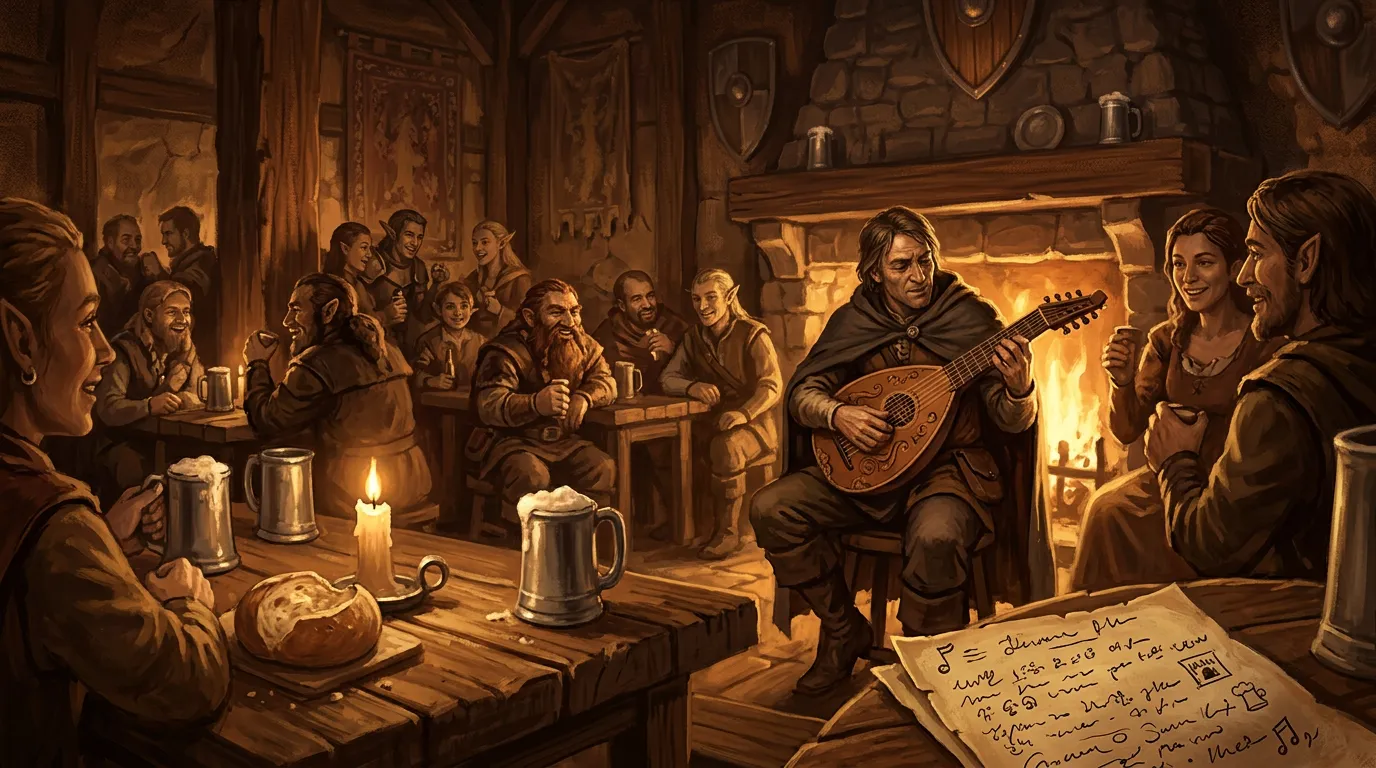 Fantasy tavern interior with warm firelight, musicians, mugs, and the kind of room tone a DM would want for a social scene