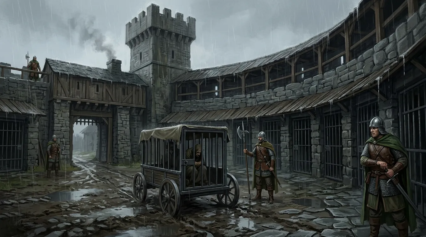 Border watchtower prison in rain with crowded cells, torchlit walls, and a tense transfer yard