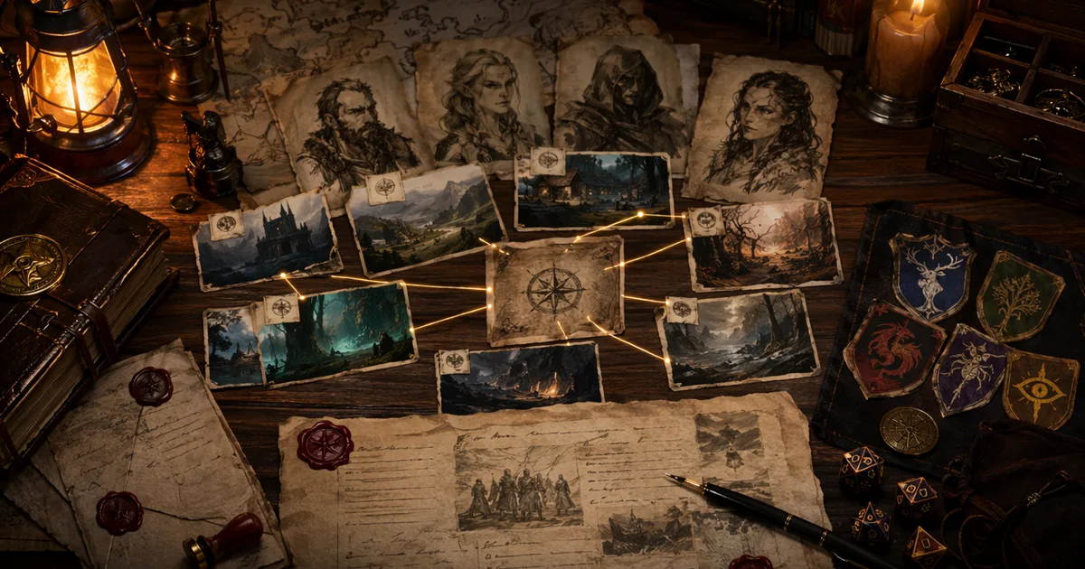 DND campaign tracker hero image showing linked quest cards, NPC portraits, faction notes, and session recaps on a game master desk