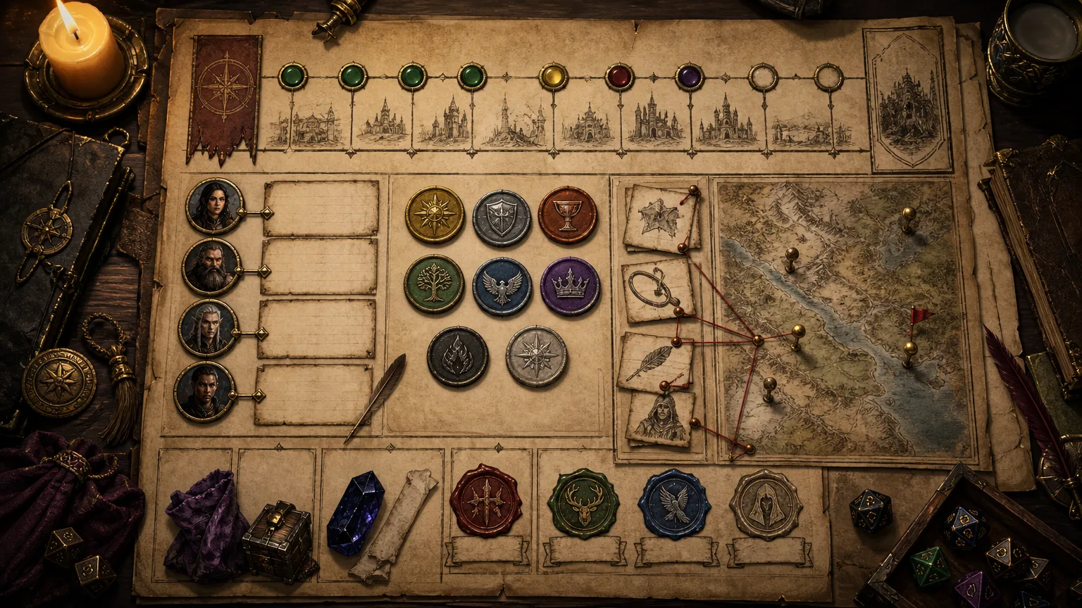 DND quest tracker image showing objective progress, rewards, linked NPC portraits, and campaign notes laid out for a session recap
