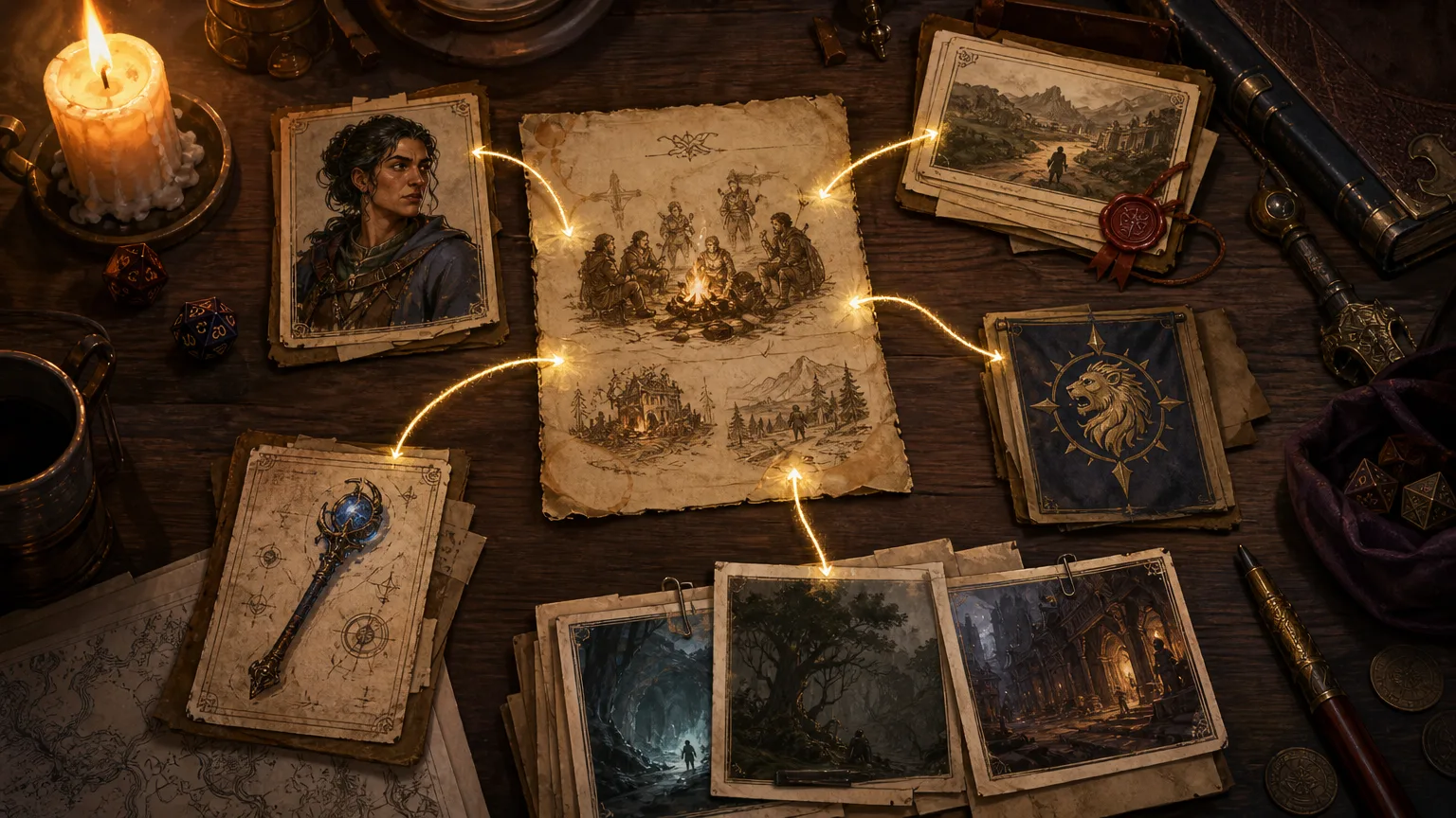 Campaign prep workflow image showing a session recap feeding into World Graph, quest tracker, NPC portrait, and next-session prep cards