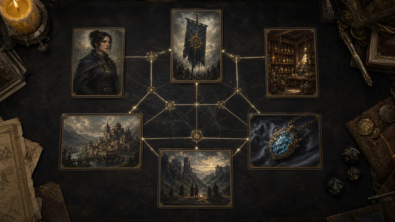 CharGen World Graph style campaign tracker image showing NPC, faction, shop, item, and session cards connected on a dark tabletop canvas