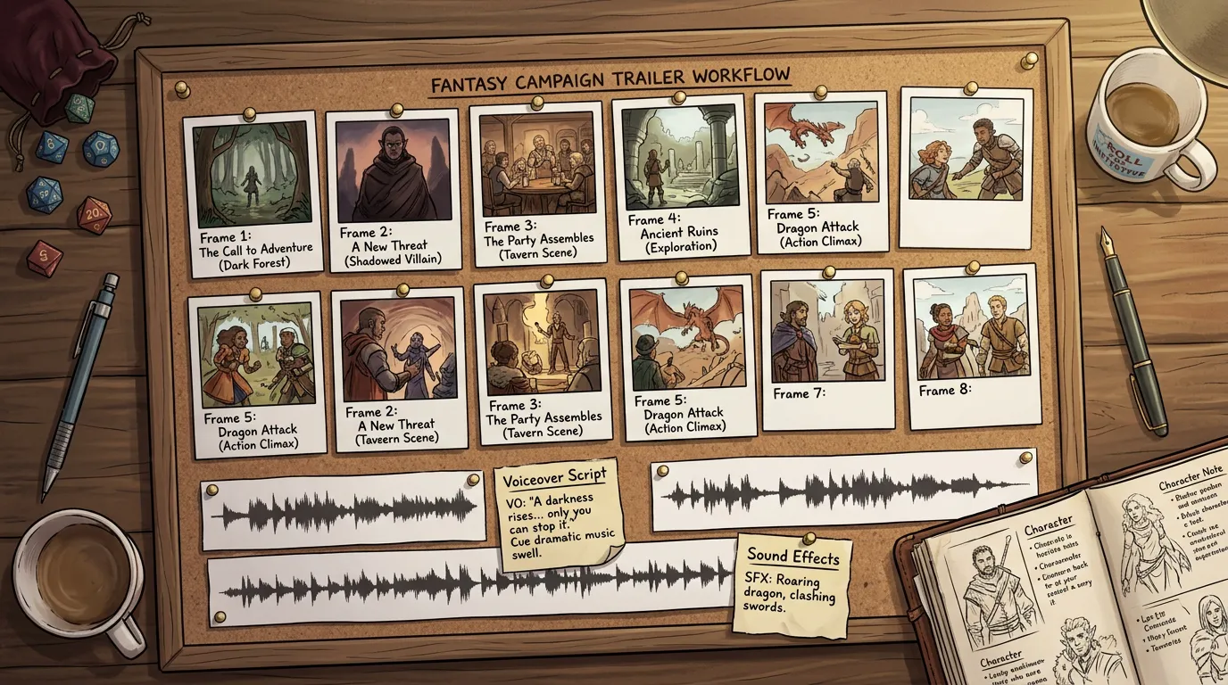 Fantasy campaign trailer workflow board with scene cards, voiceover notes, waveform strips, and storyboard thumbnails