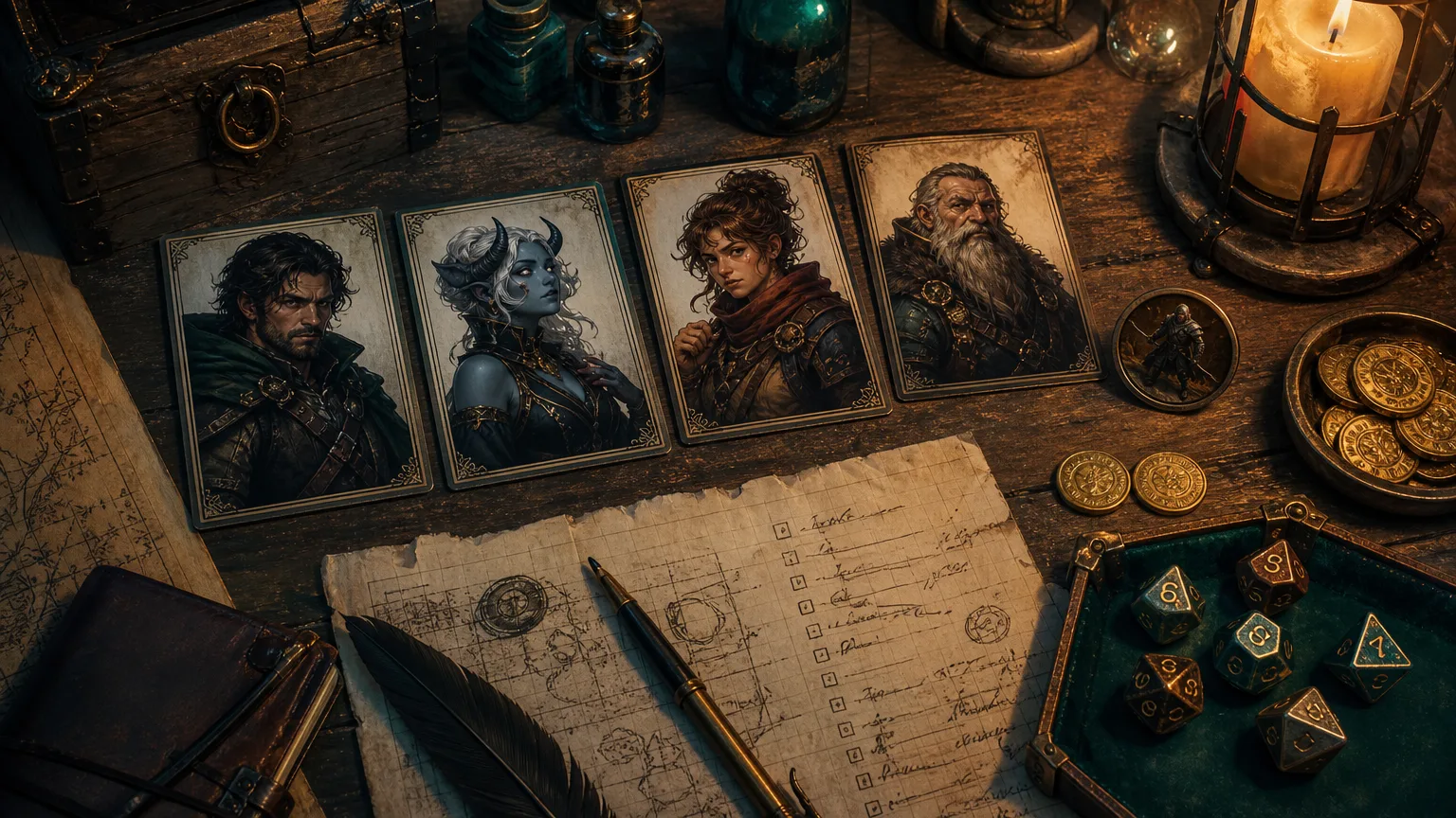 A Dungeon Master budgeting D&D character art with four portrait cards, a VTT token, dice, and gold on a campaign prep desk