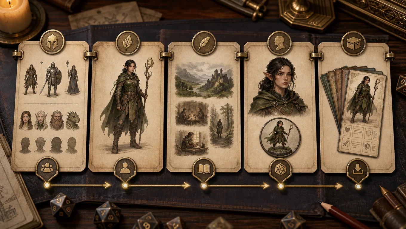 D&D character generator workflow image showing a builder sequence from class and species choices to portrait, story, token, and export cards