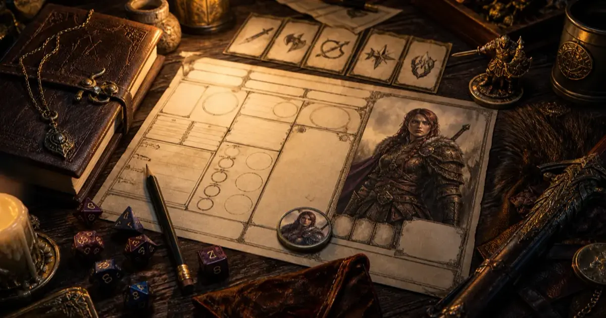 DND character generator hero image showing a finished hero sheet, portrait card, dice, tokens, and fantasy equipment on a game table