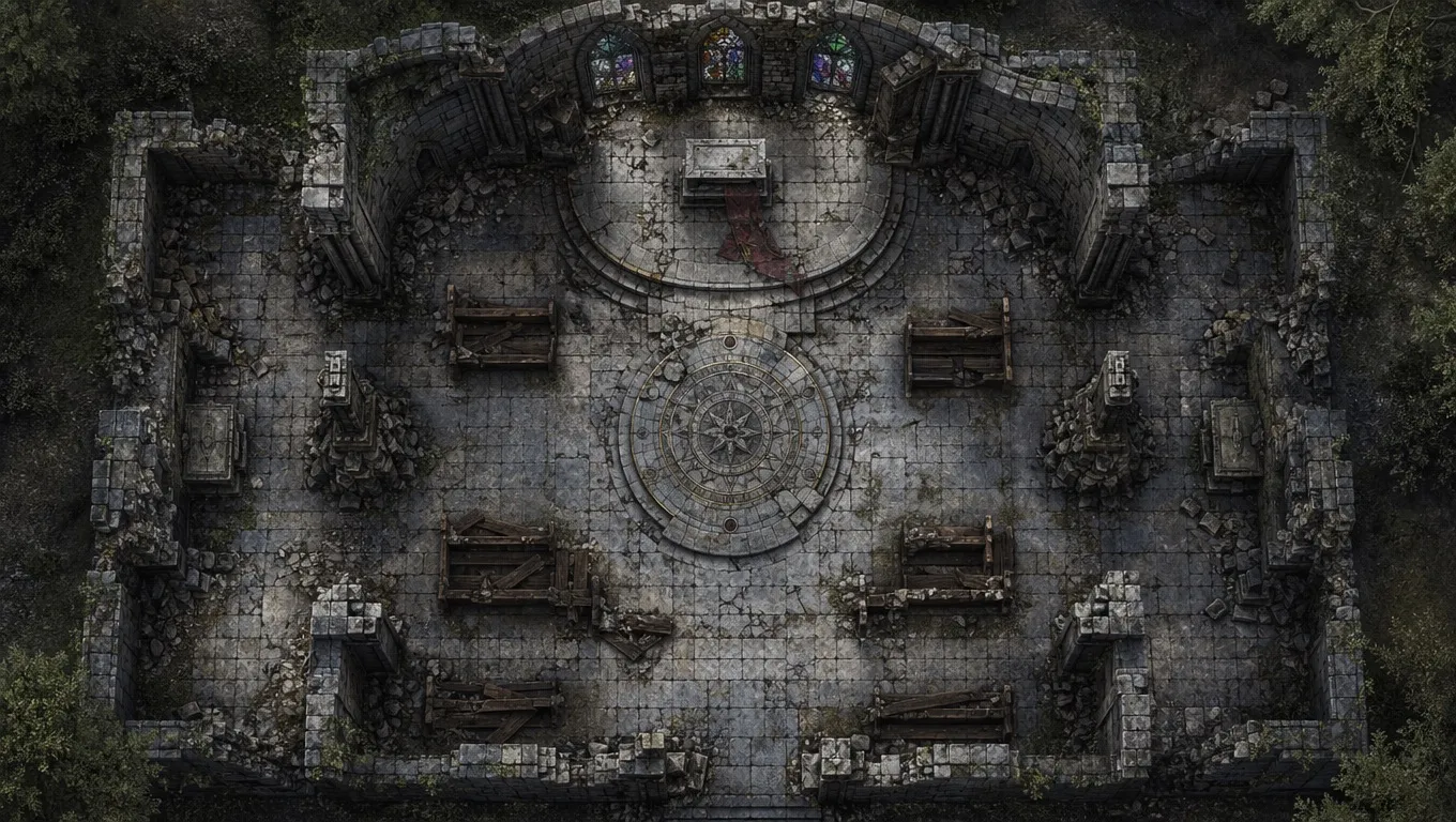Top-down battlemap example showing a chapel-style arena with clear lanes, cover, and a central threat zone for a D&D encounter