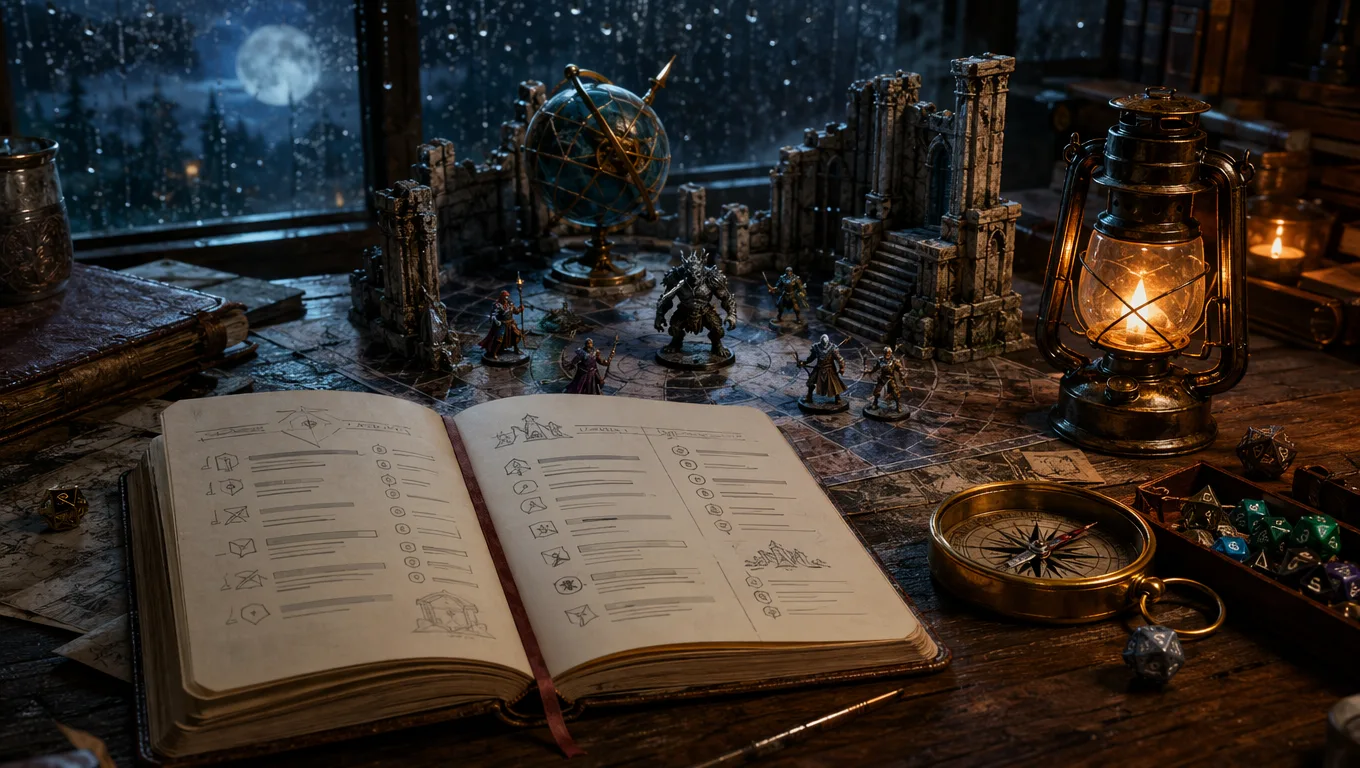 D&D encounter ruleset checklist beside a ruined observatory battle map, painted miniatures, dice, and a lantern