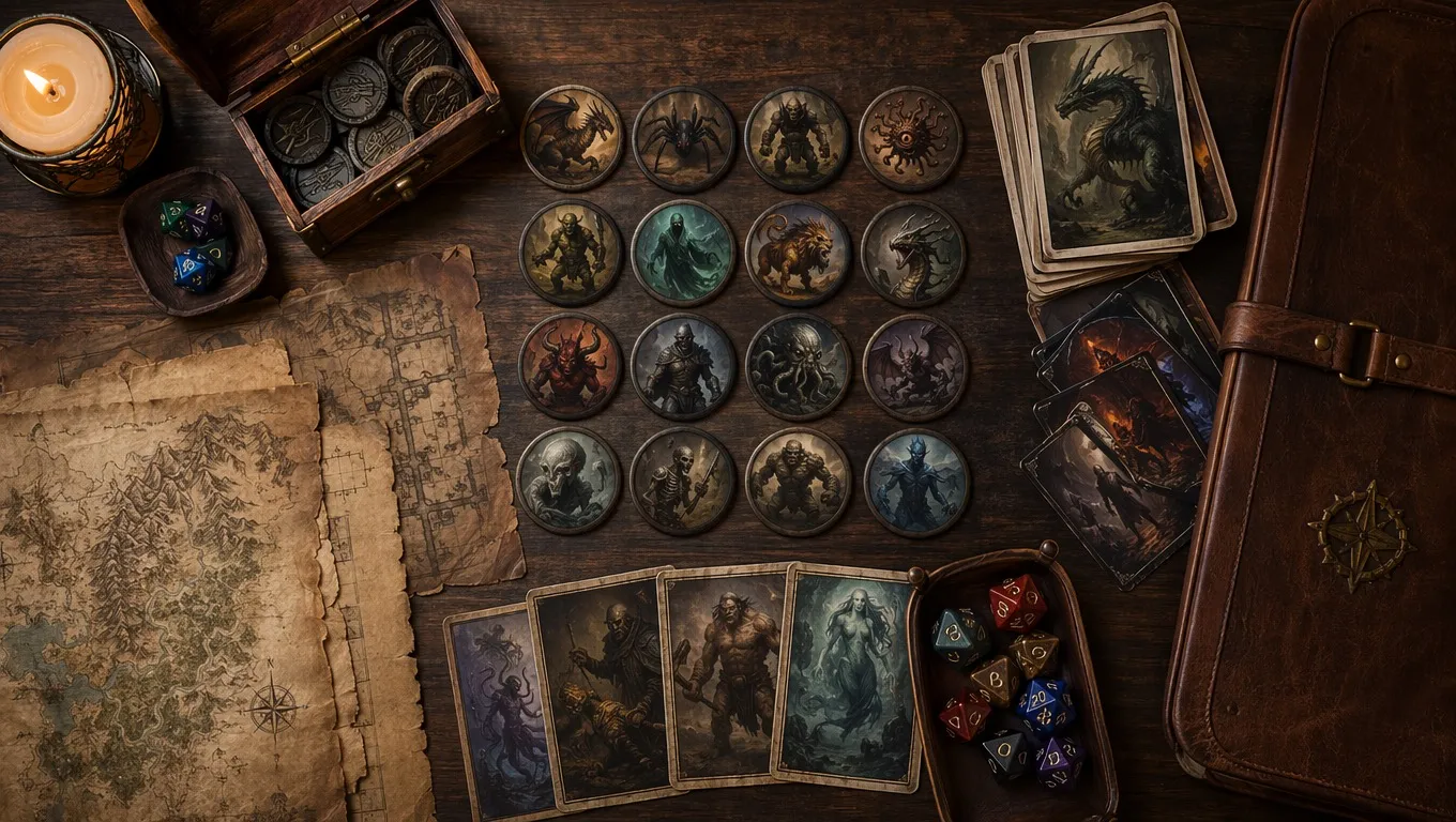 Fantasy tabletop token prep kit with circular creature markers, parchment map fragments, dice, and encounter notes