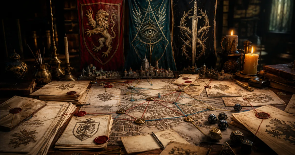 DND faction generator hero image showing faction dossiers, wax seals, crests, dice, and political relationship notes on a game master desk
