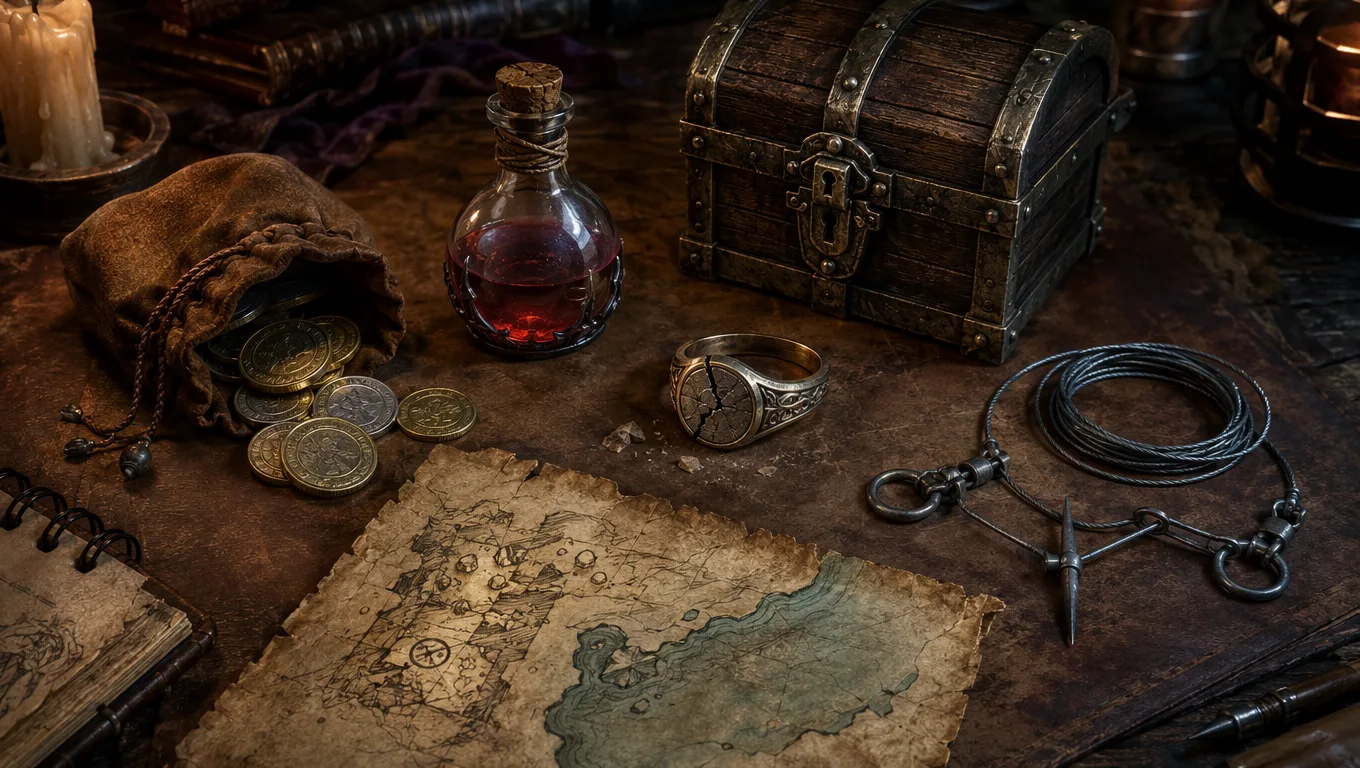 D&D treasure reward checklist with a locked chest, potion, coins, clue ring, trap wire, and map fragment