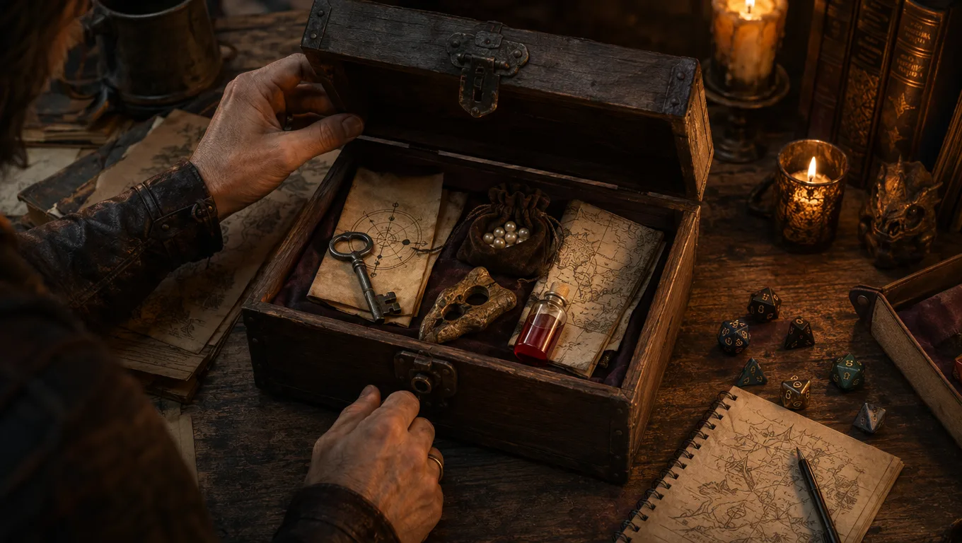D&D loot generator example of a found container with a key, map, pearl pouch, potion, and handwritten notes