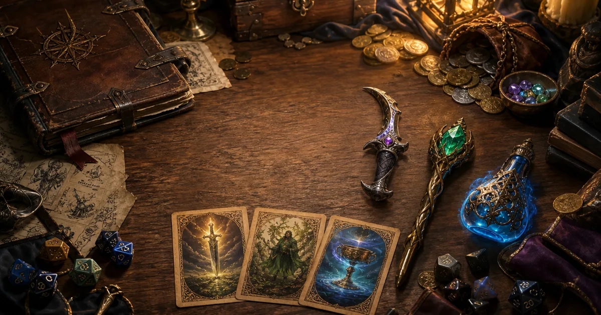 Dnd loot generator hero image showing a Dungeon Master desk with dice, treasure cards, coins, gems, and magic items