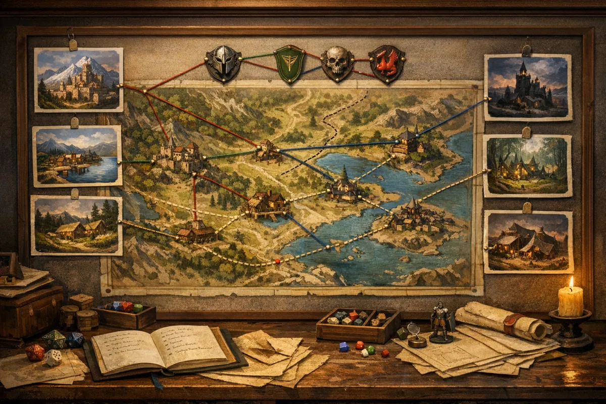 DND map generator workflow showing a region map connected to settlements, NPC portraits, factions, and campaign notes