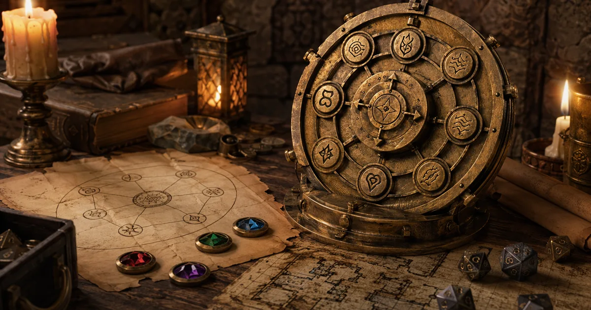 DND puzzle generator hero image showing a brass glyph apparatus, parchment handout, dice, and dungeon notes on a game master desk