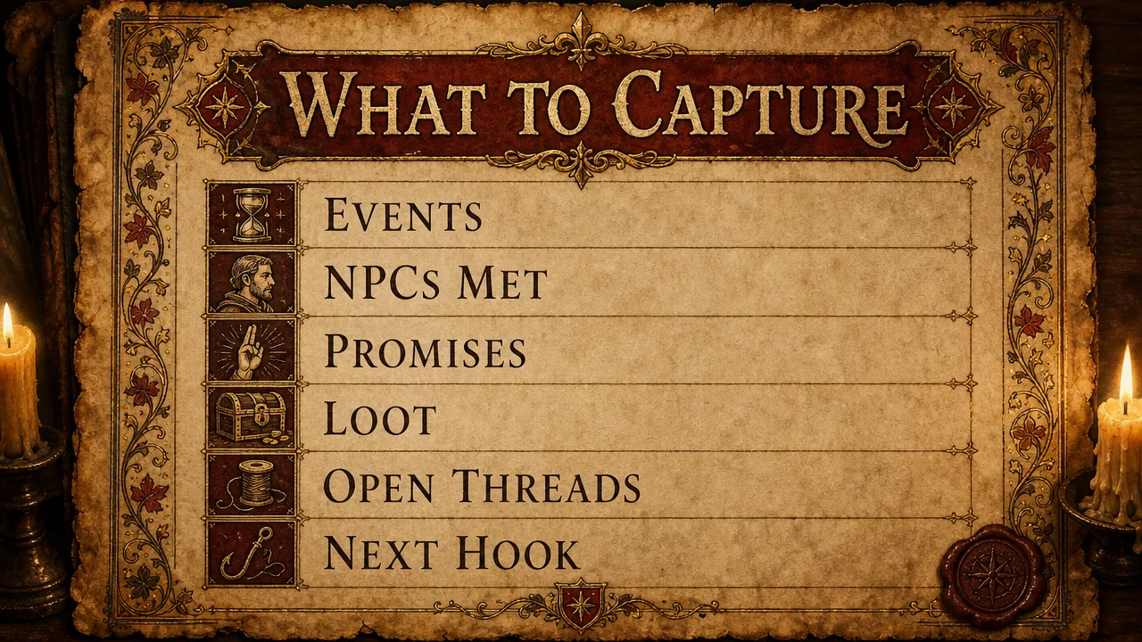 A designed reference card titled What To Capture listing six labelled rows: events, NPCs met, promises made, loot gained, open threads, and the next hook, drawn as an illuminated manuscript page