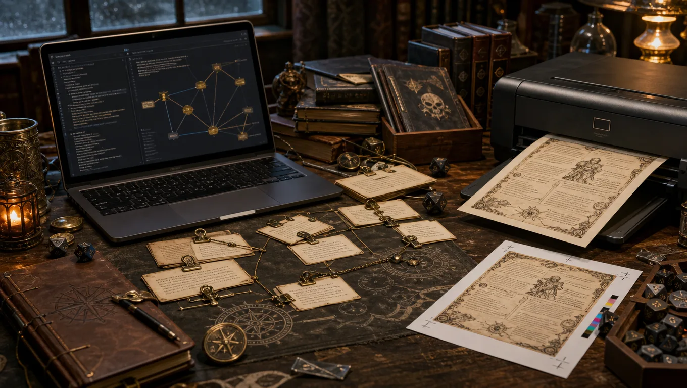 Fantasy game master desk showing Obsidian markdown notes and Homebrewery-style parchment handout export workflow, with linked note cards, printer proof, dice, and campaign symbols