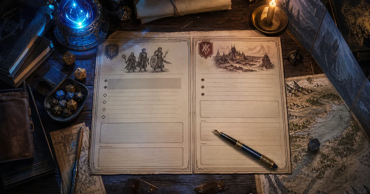 DND session recap template hero image showing player-safe recap notes, DM-only secrets, dice, and campaign sheets on a game master desk