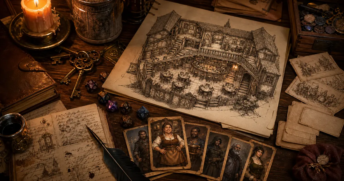 DND tavern generator hero image showing tavern plans, menu cards, rumour slips, dice, and NPC portrait cards on a game master desk