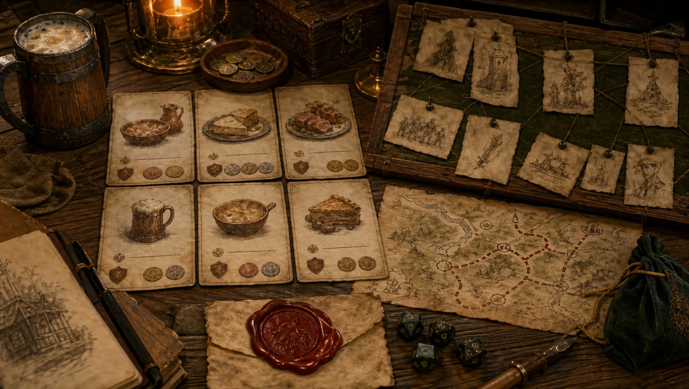 Fantasy tavern menu and rumour board workflow with parchment cards, coins, dice, ale, route map, and faction seal