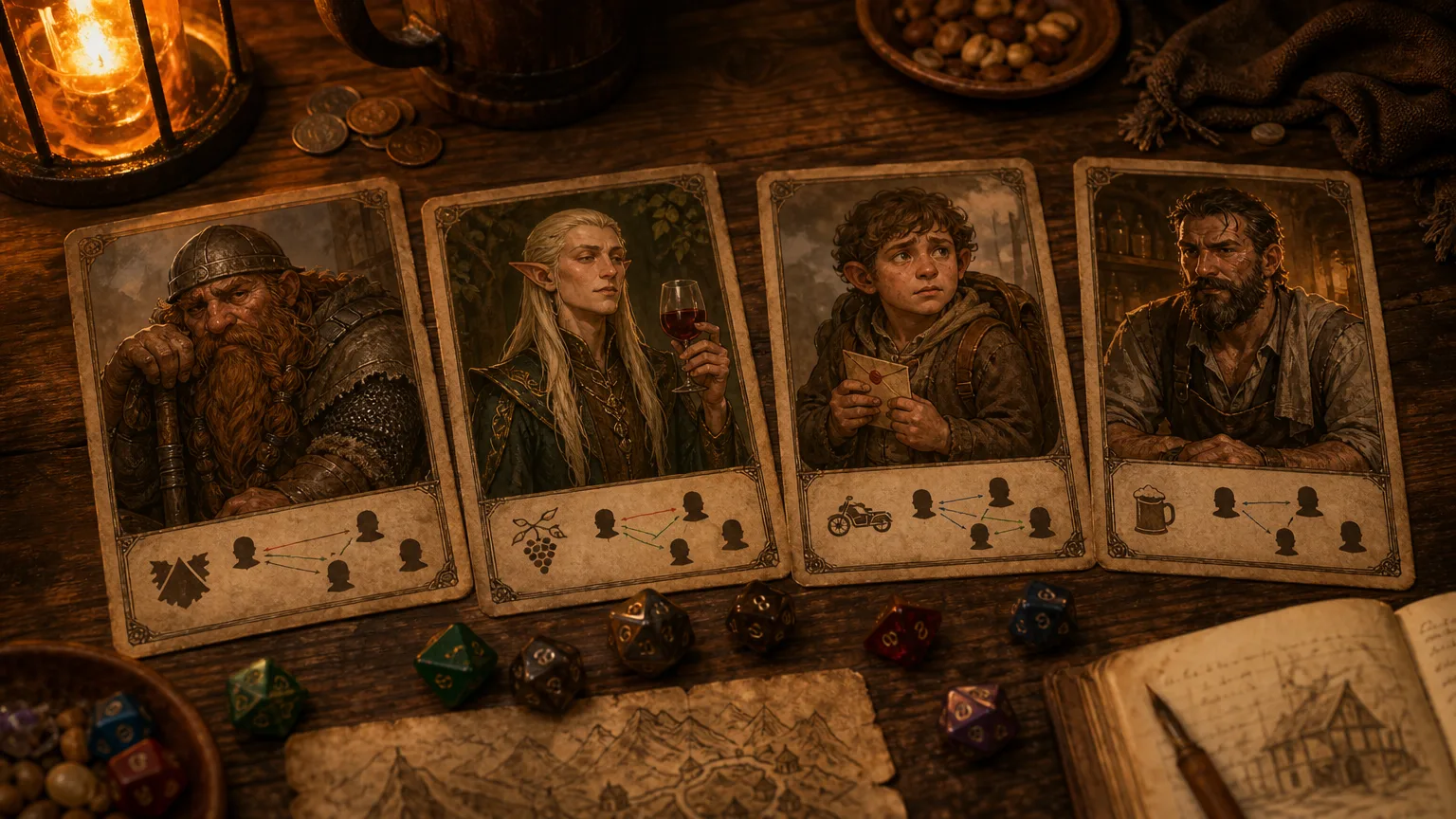 Fantasy RPG tavern NPC prep scene with four distinct patron portrait cards, relationship strings, dice, and warm tavern light