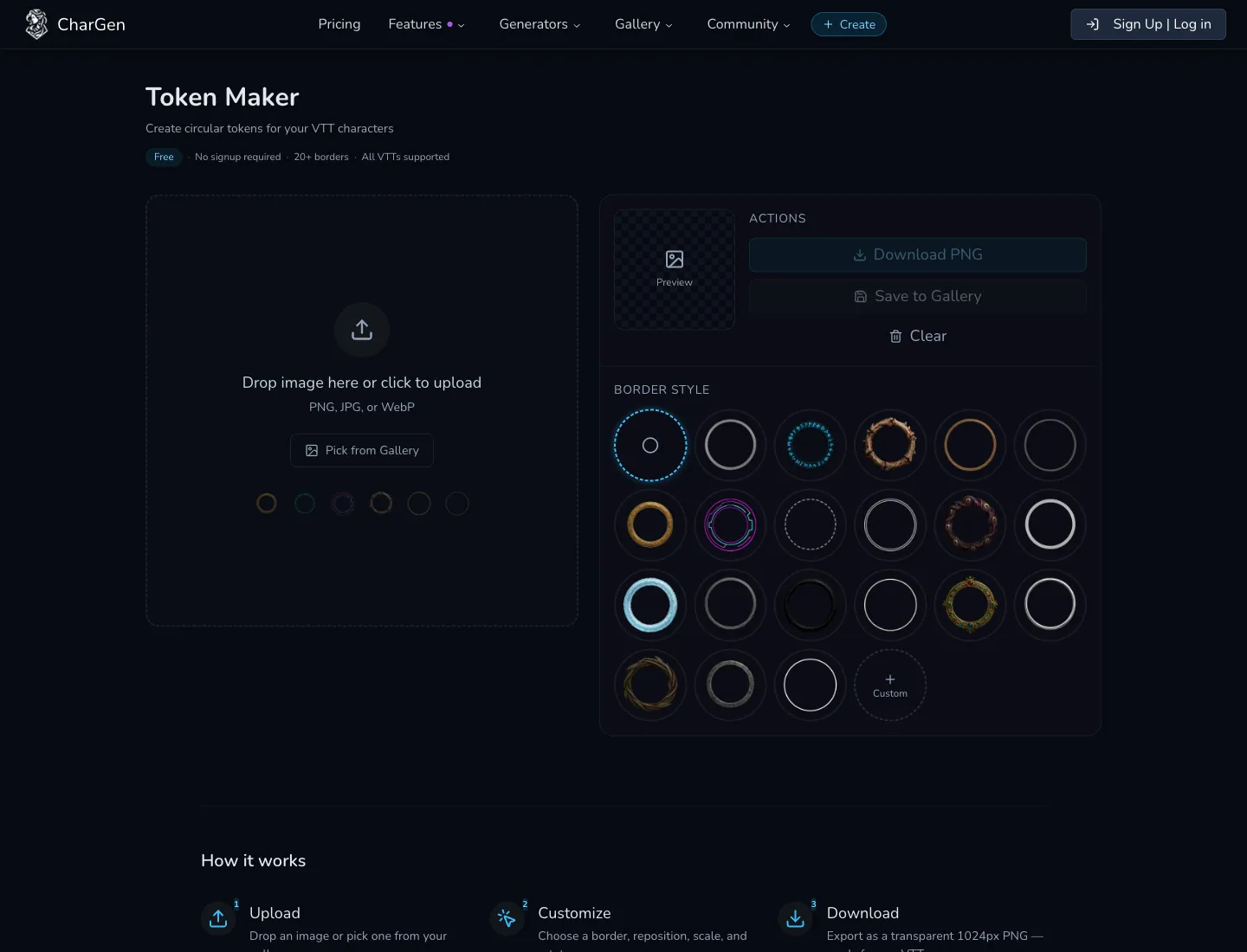 CharGen Token Maker workspace with portrait upload, crop controls, border style options, and finished VTT token preview