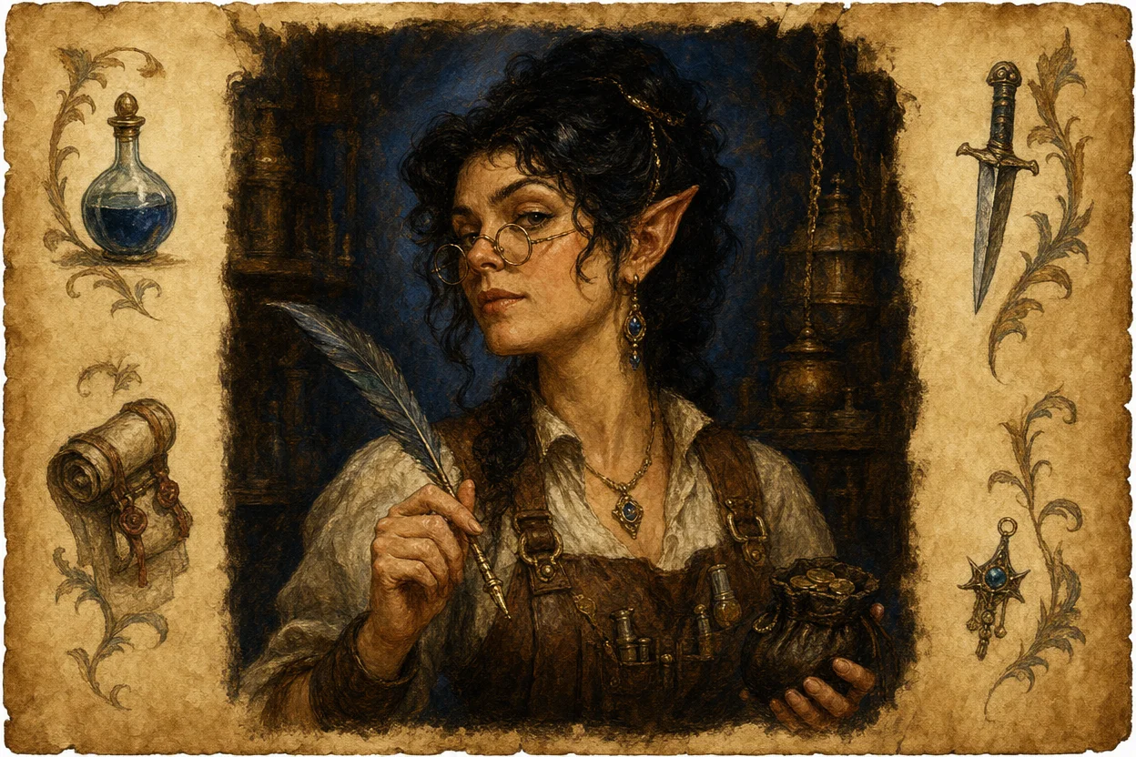 A bust portrait of a fantasy shopkeeper rendered on parchment, a half-elf woman with a leather apron and brass spectacles, holding a quill and a coin purse, surrounded by small icons of her stock (potion, scroll, dagger) in marginalia
