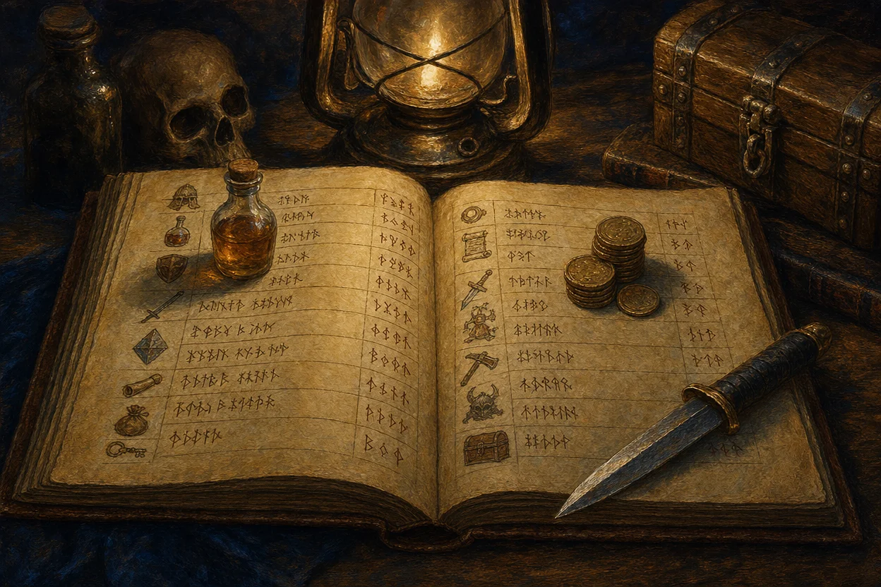 An open ledger on a shop counter showing a calligraphic inventory of items with prices in rune-style numerals, several actual props (a vial, a coin stack, a small dagger) placed on top of the matching entries, lit by an oil lantern overhead