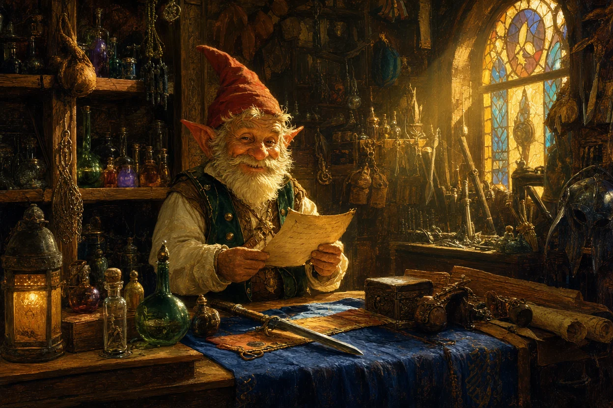 A fantasy merchant's shop interior at golden hour, wooden shelves crammed with potion bottles, scrolls, daggers, and leather pouches; a cheerful gnome shopkeeper at the counter holding a parchment inventory; sunlight slanting through a stained-glass window