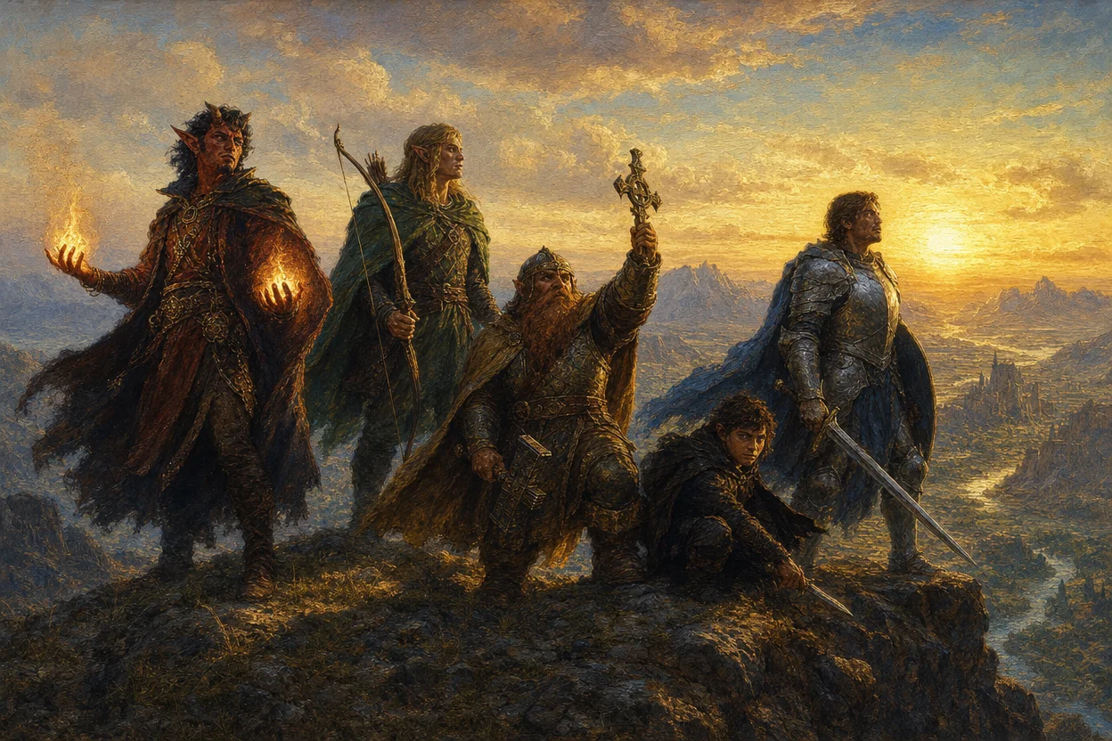 A panoramic fantasy adventuring party of five, a tiefling sorcerer with glowing palms, an elven ranger with a longbow, a dwarven cleric raising a holy symbol, a halfling rogue half-hidden in shadow, and a human paladin in shining armour, standing on a windswept ridge at golden hour