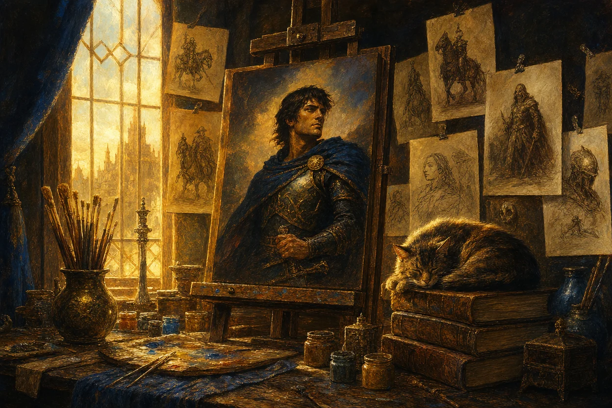 An artist's enchanted easel by a tall window, a finished oil portrait of a fantasy hero on the easel, smaller in-progress sketches pinned around it, paint pots, gilded brushes, a sleeping cat on a stack of reference books, lit by golden afternoon light