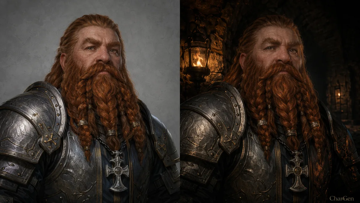 Two side-by-side panels of the same dwarf cleric, a saved portrait and an edited version relit in a dungeon, showing how an edit pass keeps the character while changing the scene