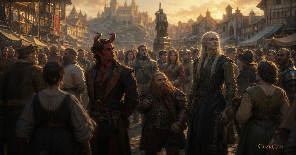 A crowded fantasy town square of mostly human townsfolk with a tiefling, a dwarf, and an elf standing out among them