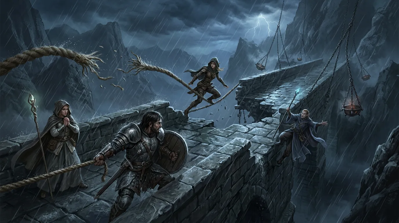 Storm-lashed bridge hazard with snapping ropes, swaying censers, and adventurers choosing different counterplay routes