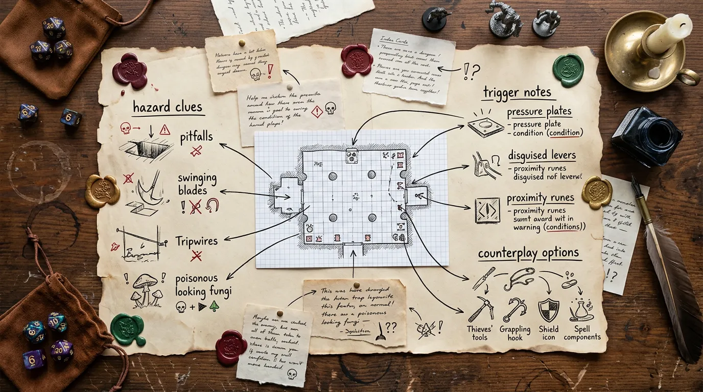 GM workflow board showing hazard clues, trigger notes, and counterplay options beside a room sketch