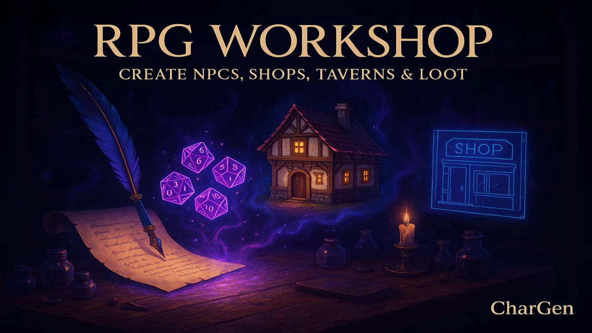 A D&D prep workflow moves from a canal tavern to its innkeeper, river faction, dock encounter, and a token-ready recurring NPC