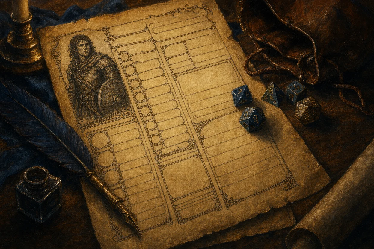 Close-up of a hand-illustrated D&D character sheet on parchment with calligraphic stat blocks, an ink sketch of the character in the corner, dice resting on the page, a feather quill, and a worn leather dice bag