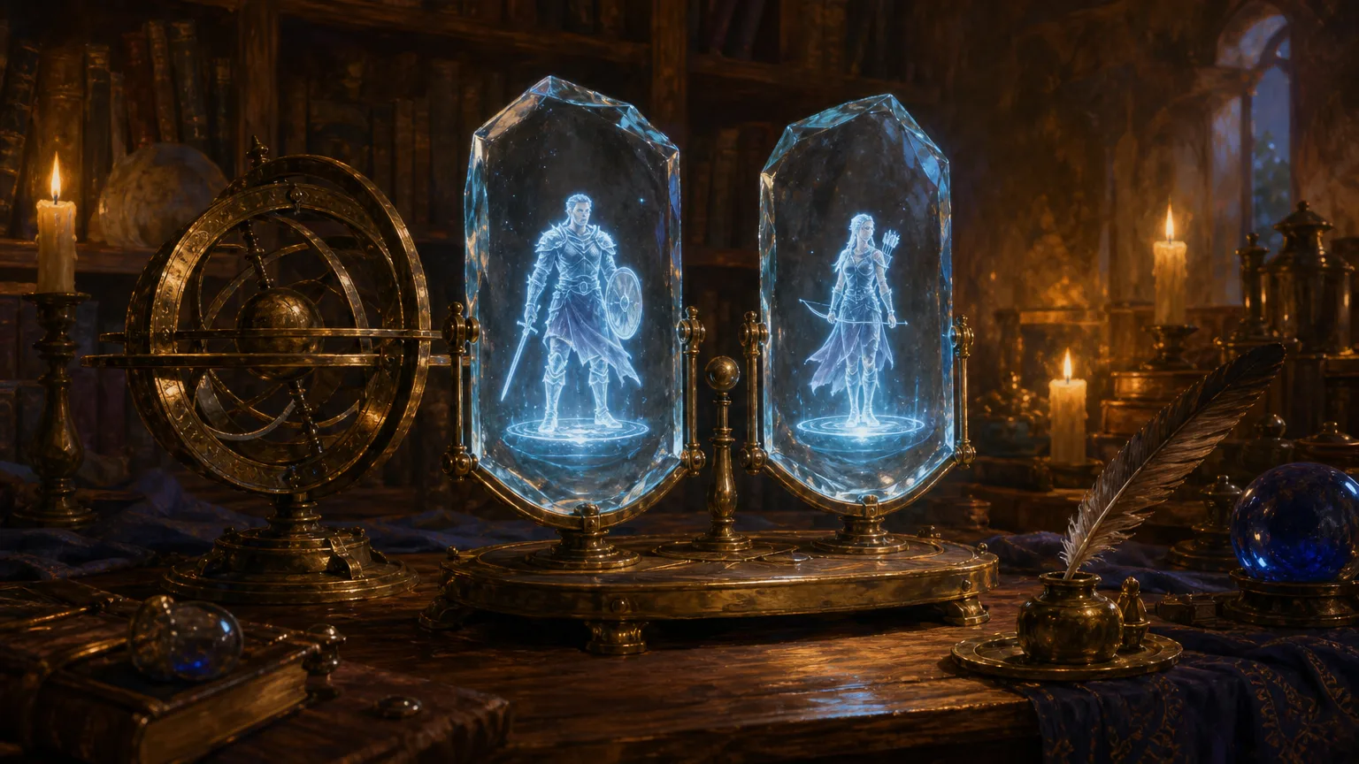 A wizard's scrying desk with two glowing crystal panes each showing a luminous fantasy adventurer figure, representing the new D&D character builder tools of 2026