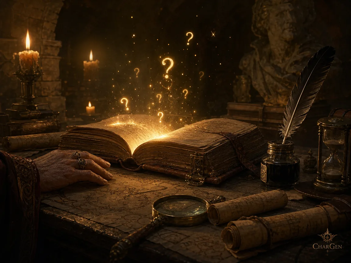 A glowing spellbook on a candlelit desk with golden question marks rising from the pages, surrounded by scrolls, an inkwell, a magnifying lens and an hourglass