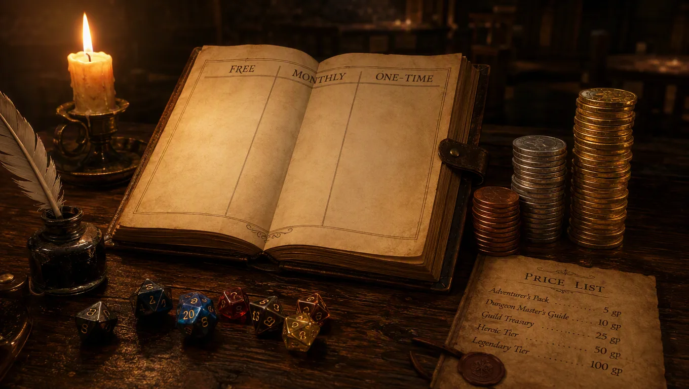 A candlelit tavern ledger open at three columns headed Free, Monthly and One-Time, beside stacks of gold and silver coins, a quill, a parchment price list and polyhedral dice