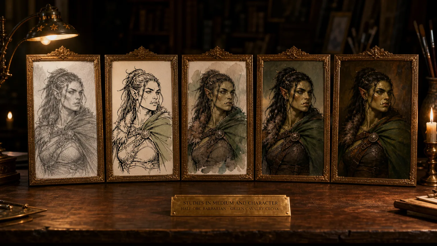 Five framed portraits of the same half-orc barbarian in a green cavalry cloak, rendered left to right as a graphite sketch, ink linework, watercolour wash, painted illustration and full oil painting, on a candlelit study bench