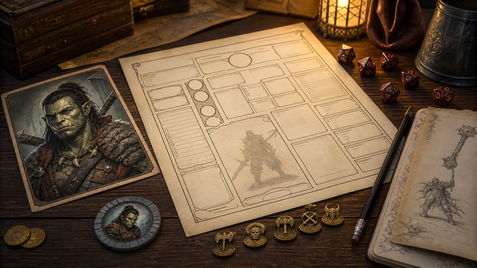 A DnD character creator workflow with a 2024 rules sheet, fantasy portrait card, VTT token, dice, and class markers on a wooden table