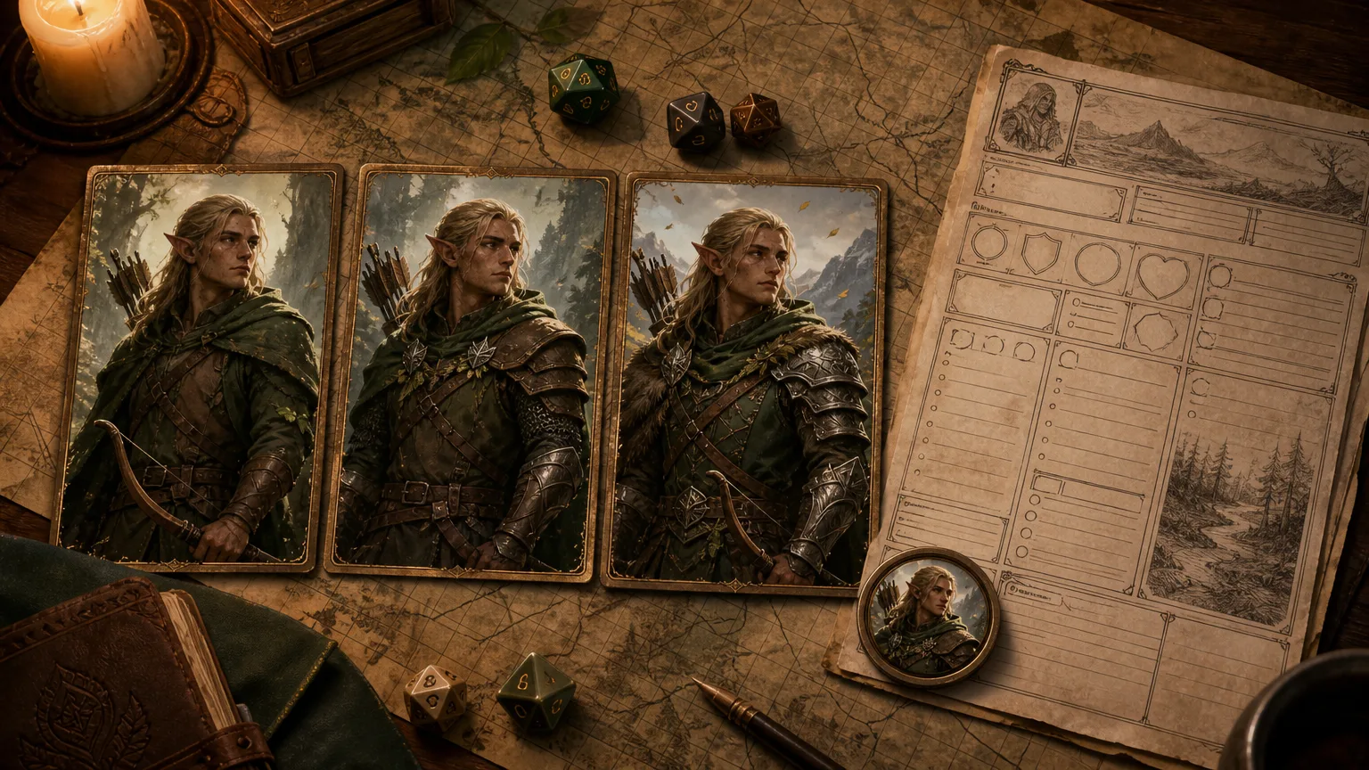 A DnD character creator campaign consistency check showing matching portraits of the same elf ranger at different levels beside a sheet and VTT token