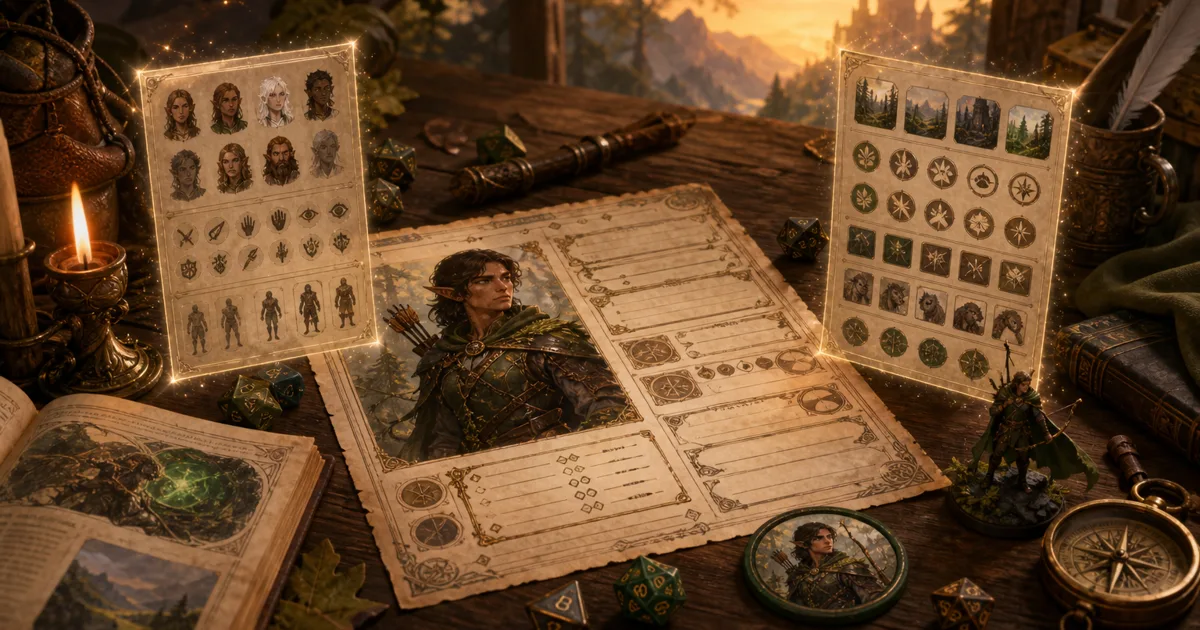 A DnD character creator desk with an illustrated sheet, fantasy portrait card, VTT token, dice, miniature, and magical parchment panels