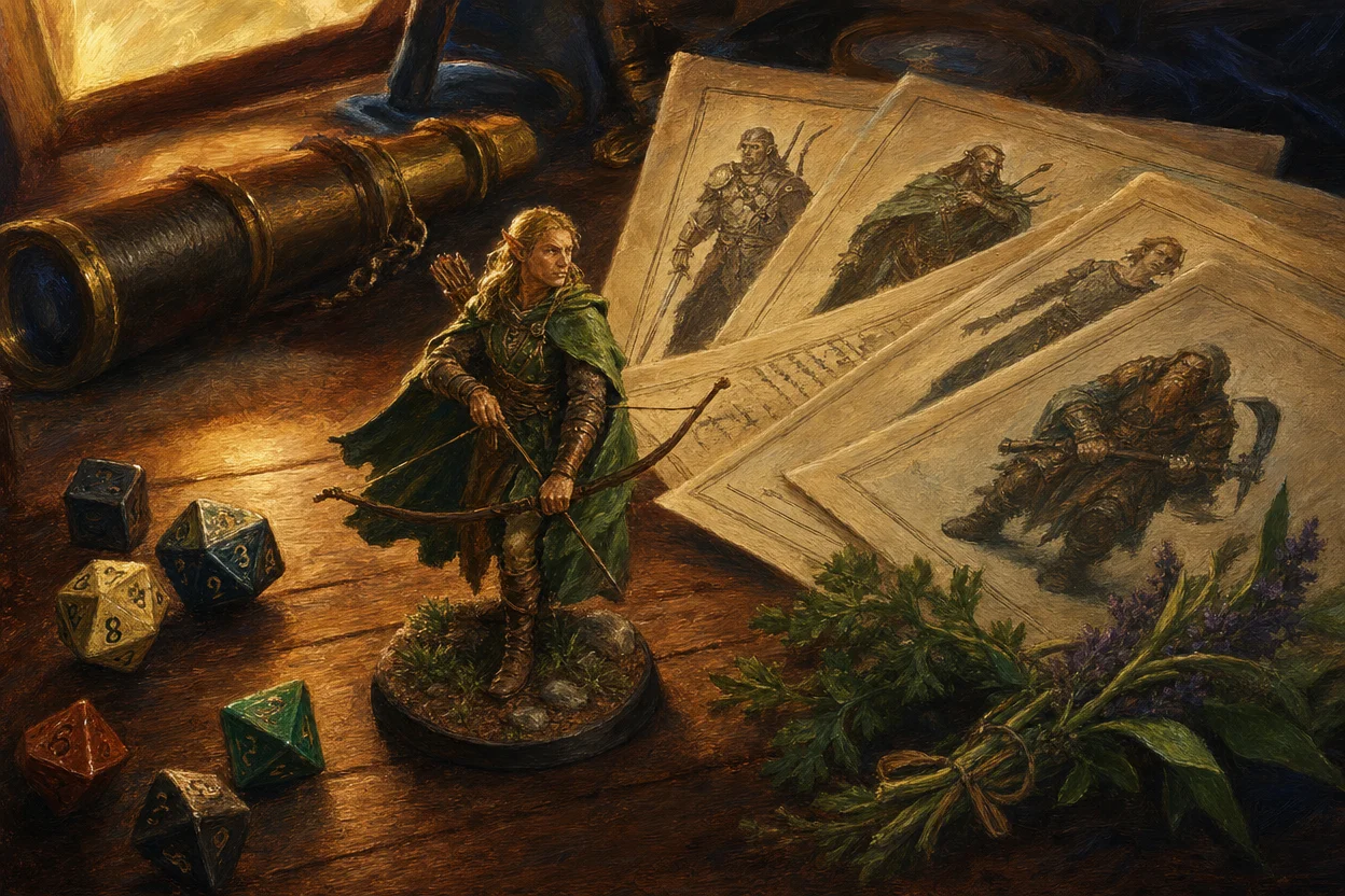 A character creation tableau on a wooden table, a freshly painted half-elf ranger miniature, stack of completed character sheets, polyhedral dice, brass spyglass, and herbs in golden hour light