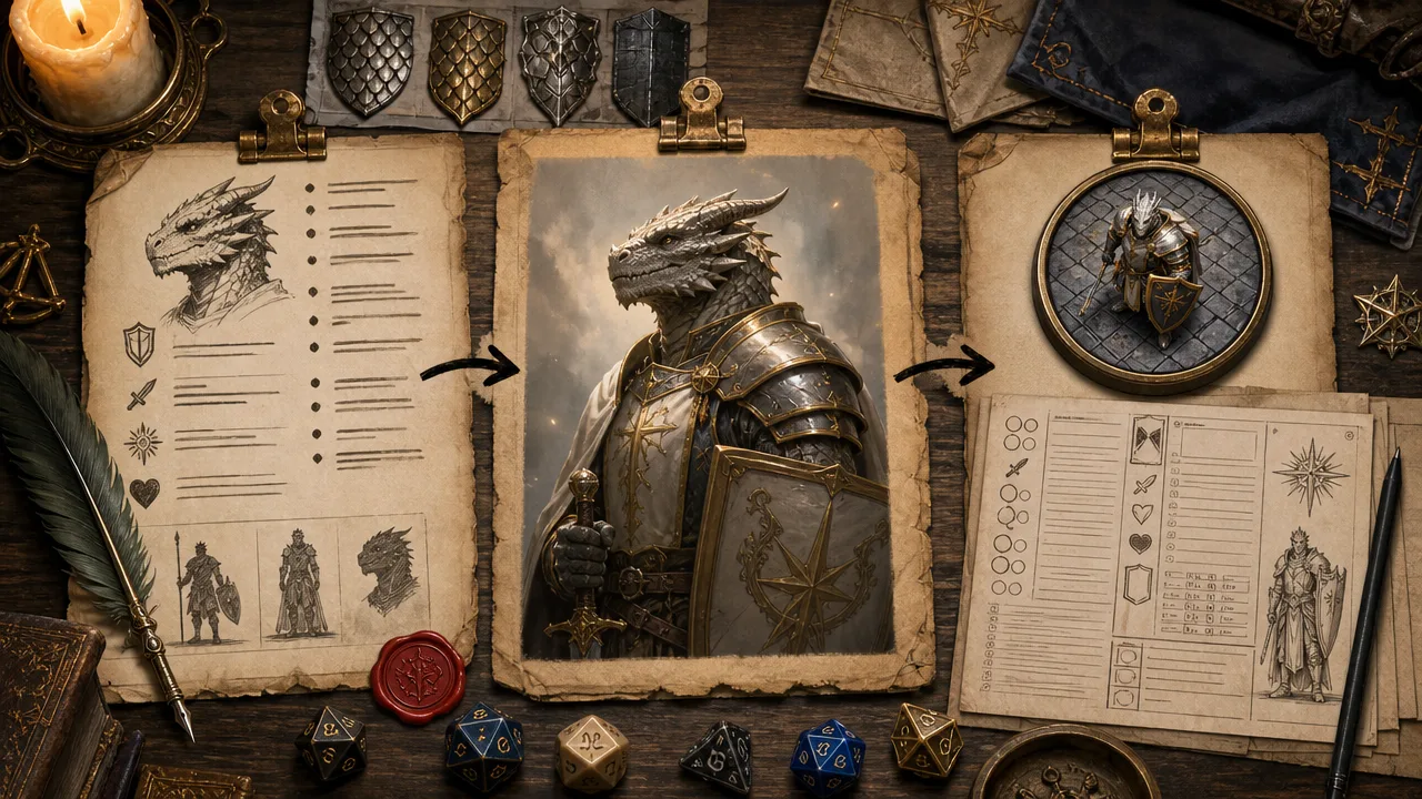 A DnD visual character creator workflow showing a written hero concept becoming a fantasy portrait, VTT token, and character sheet
