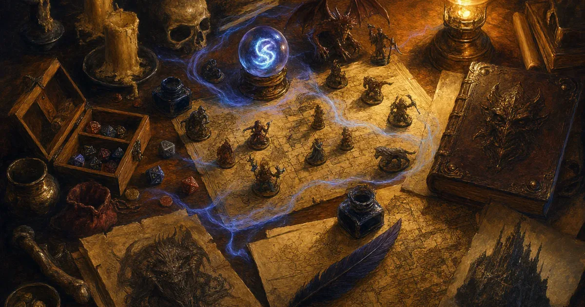Overhead view of a dungeon master's preparation desk at dusk with parchment maps, painted miniatures, a glowing crystal orb, dice, and a leather-bound monster manual lit by warm lamplight