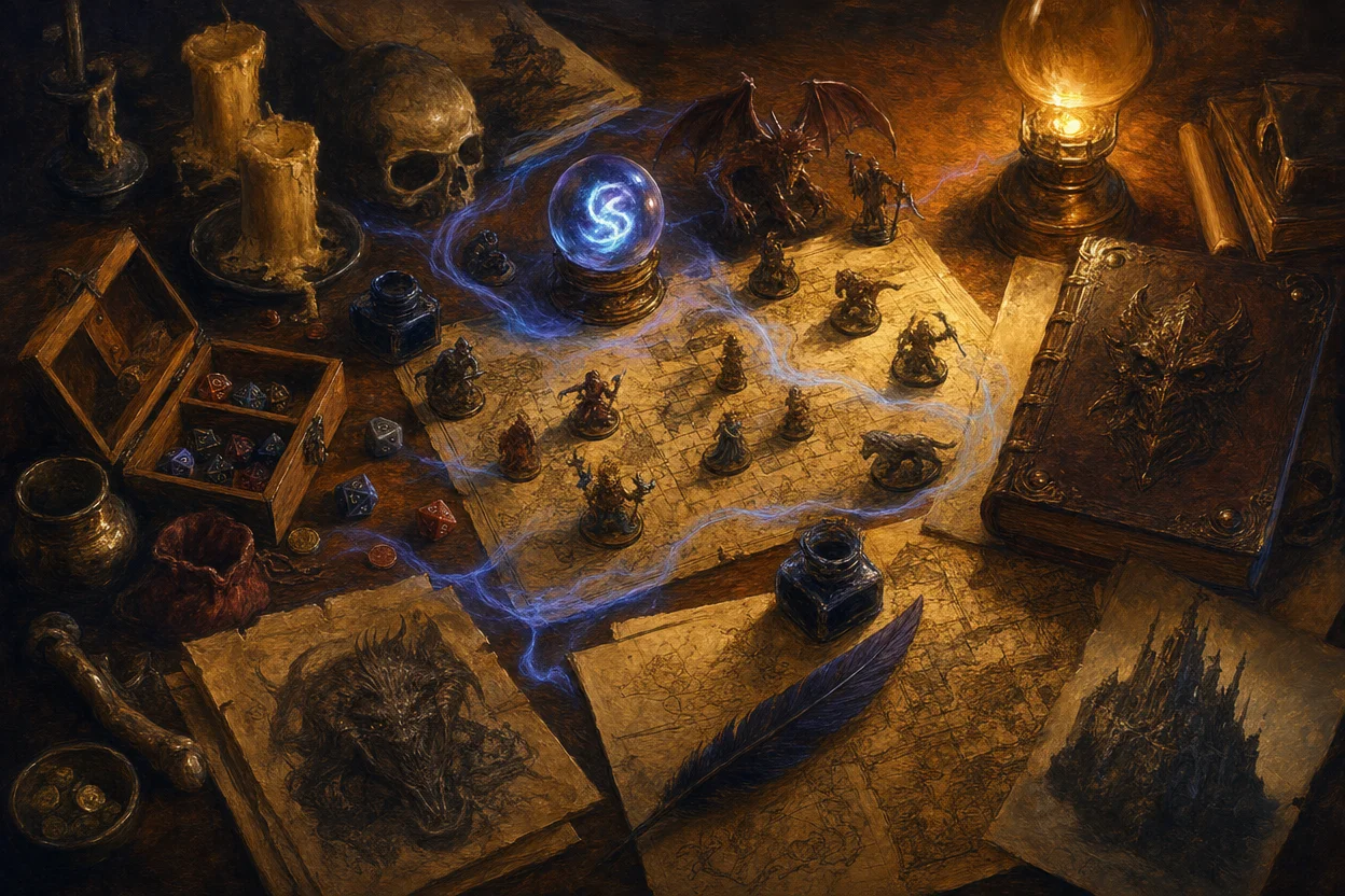 Overhead view of a dungeon master's preparation desk at dusk with parchment maps, painted miniatures, a glowing crystal orb, dice, and a leather-bound monster manual lit by warm lamplight