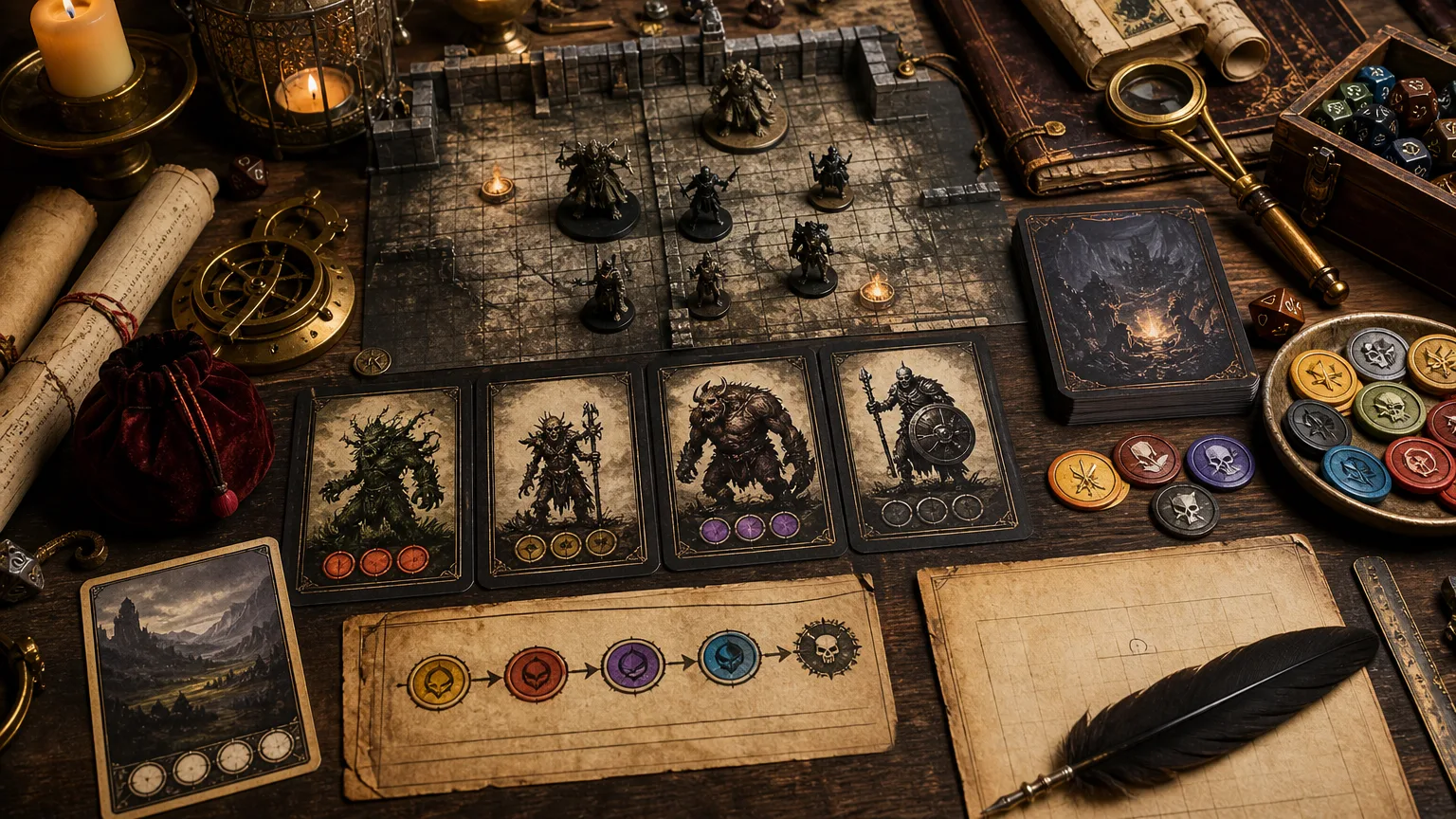 AI Dungeon Master encounter builder workflow with monster cards, difficulty tokens, a quest seed, and a tactical board